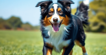 A playful Australian Shepherd dog runs through a green field under a bright blue sky, showcasing its striking coat and expressive eyes.