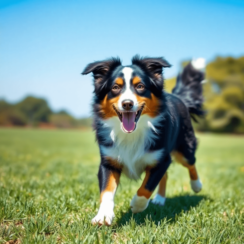 A playful Australian Shepherd dog runs through a green field under a bright blue sky, showcasing its striking coat and expressive eyes.