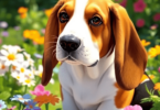 A playful Basset Hound with droopy ears sits in a sunny garden, surrounded by colorful flowers, radiating warmth and affection.