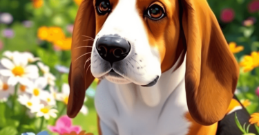 A playful Basset Hound with droopy ears sits in a sunny garden, surrounded by colorful flowers, radiating warmth and affection.