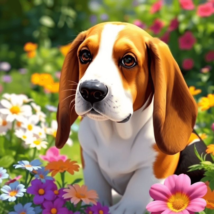 A playful Basset Hound with droopy ears sits in a sunny garden, surrounded by colorful flowers, radiating warmth and affection.