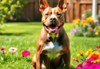 A proud American Staffordshire Terrier sits in a sunny backyard, surrounded by green grass and colorful flowers, showcasing its strong physique and...