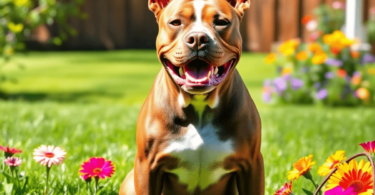 A proud American Staffordshire Terrier sits in a sunny backyard, surrounded by green grass and colorful flowers, showcasing its strong physique and...