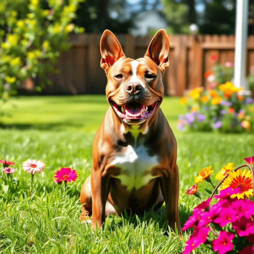 A proud American Staffordshire Terrier sits in a sunny backyard, surrounded by green grass and colorful flowers, showcasing its strong physique and...