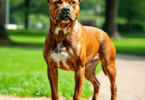 A proud American Staffordshire Terrier stands in a park, showcasing its muscular build and shiny coat, surrounded by green grass and trees.