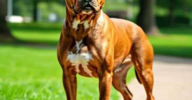 A proud American Staffordshire Terrier stands in a park, showcasing its muscular build and shiny coat, surrounded by green grass and trees.