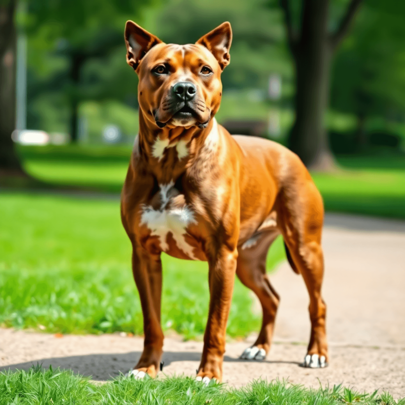 A proud American Staffordshire Terrier stands in a park, showcasing its muscular build and shiny coat, surrounded by green grass and trees.