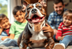 A strong American Staffordshire Terrier joyfully playing with children in a sunny backyard, showcasing its affectionate nature and the warmth of fa...