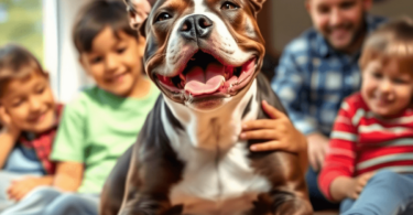 A strong American Staffordshire Terrier joyfully playing with children in a sunny backyard, showcasing its affectionate nature and the warmth of fa...