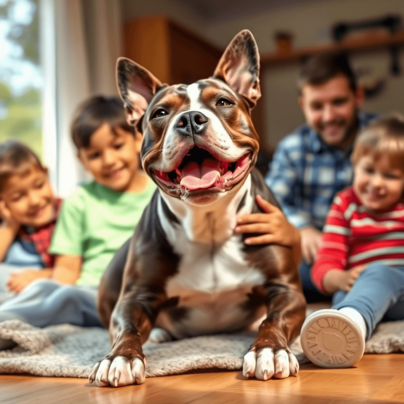 A strong American Staffordshire Terrier joyfully playing with children in a sunny backyard, showcasing its affectionate nature and the warmth of fa...