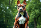 A strong American Staffordshire Terrier sits proudly in a lush green park, showcasing its muscular build and inviting expression amidst vibrant nat...