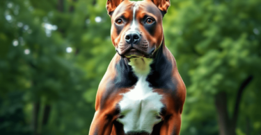 A strong American Staffordshire Terrier sits proudly in a lush green park, showcasing its muscular build and inviting expression amidst vibrant nat...