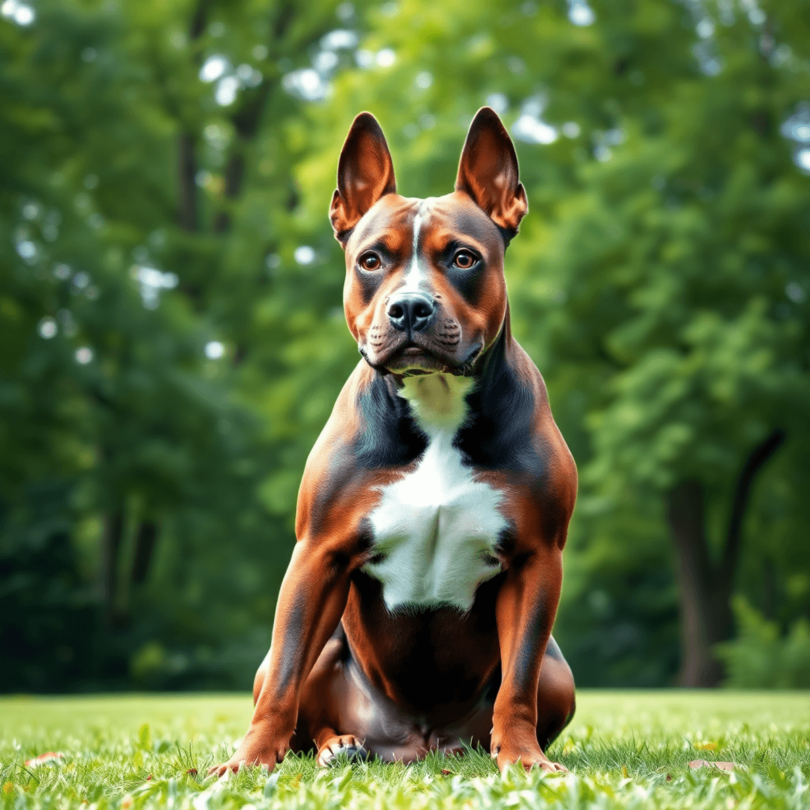 A strong American Staffordshire Terrier sits proudly in a lush green park, showcasing its muscular build and inviting expression amidst vibrant nat...