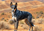 A strong Australian Cattle Dog stands proudly in a rugged Outback landscape with rolling hills and sparse vegetation, showcasing its agility and he...