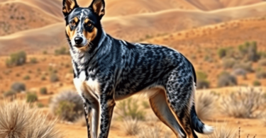 A strong Australian Cattle Dog stands proudly in a rugged Outback landscape with rolling hills and sparse vegetation, showcasing its agility and he...