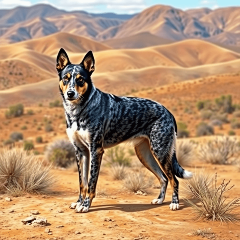 A strong Australian Cattle Dog stands proudly in a rugged Outback landscape with rolling hills and sparse vegetation, showcasing its agility and he...