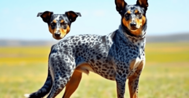 A strong Australian Cattle Dog stands proudly in a vast ranch landscape, showcasing its muscular build and unique coat patterns against a bright bl...