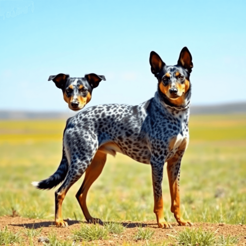 A strong Australian Cattle Dog stands proudly in a vast ranch landscape, showcasing its muscular build and unique coat patterns against a bright bl...