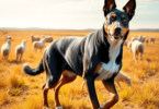 A strong Australian Kelpie dog stands alert in a sunlit rural landscape, with sheep grazing in the background, highlighting its herding instincts a...