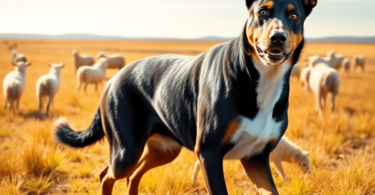 A strong Australian Kelpie dog stands alert in a sunlit rural landscape, with sheep grazing in the background, highlighting its herding instincts a...