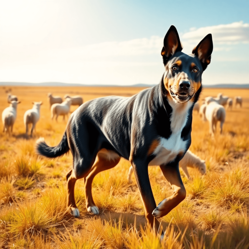 A strong Australian Kelpie dog stands alert in a sunlit rural landscape, with sheep grazing in the background, highlighting its herding instincts a...