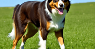 A vibrant Australian Shepherd mid-action in a lush green field, showcasing its muscular build and unique coat colors against a clear blue sky.