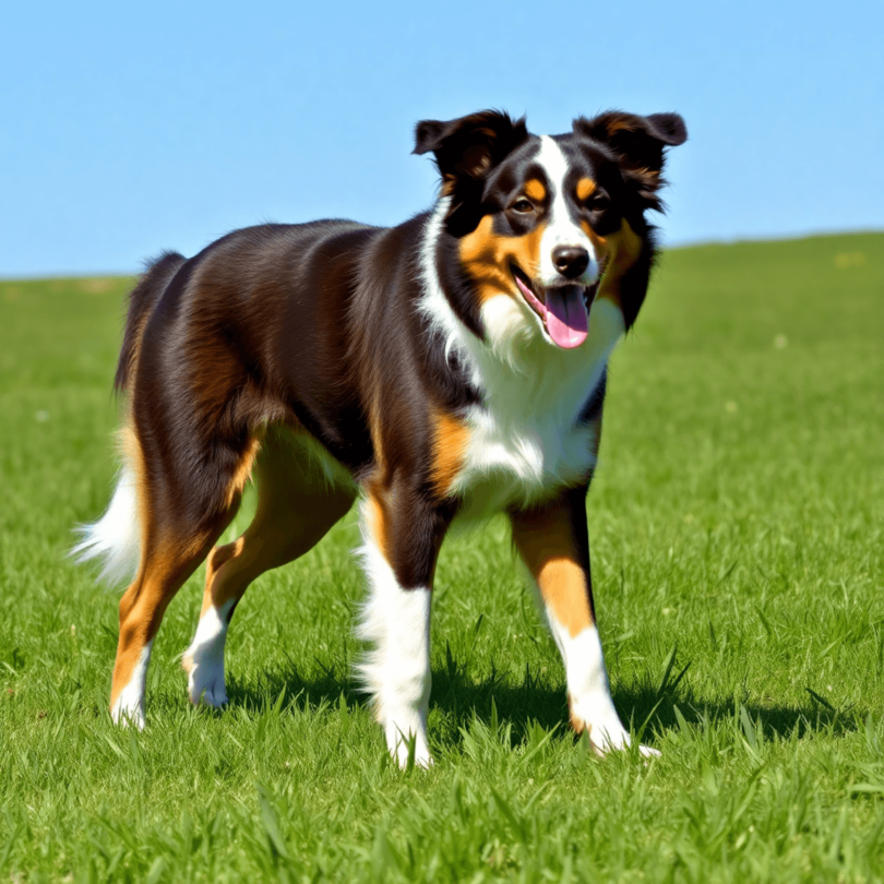 A vibrant Australian Shepherd mid-action in a lush green field, showcasing its muscular build and unique coat colors against a clear blue sky.