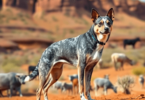 An Australian Cattle Dog stands alert in the rugged Outback, with a playful stance and cattle grazing in the background, embodying agility and comp...