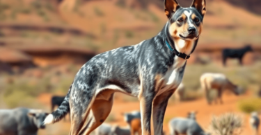 An Australian Cattle Dog stands alert in the rugged Outback, with a playful stance and cattle grazing in the background, embodying agility and comp...