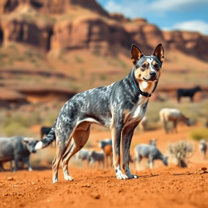 An Australian Cattle Dog stands alert in the rugged Outback, with a playful stance and cattle grazing in the background, embodying agility and comp...