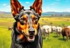 An Australian Kelpie dog in an active pose, herding sheep in a lush green field under a bright blue sky, showcasing its sleek coat and large pricke...