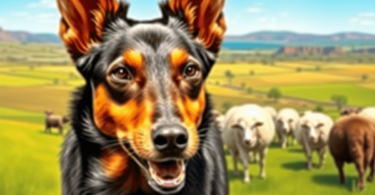 An Australian Kelpie dog in an active pose, herding sheep in a lush green field under a bright blue sky, showcasing its sleek coat and large pricke...