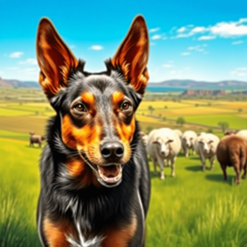 An Australian Kelpie dog in an active pose, herding sheep in a lush green field under a bright blue sky, showcasing its sleek coat and large pricke...