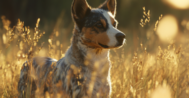 Australian Cattle Dog with striking blue speckled coat in outdoor ranch setting