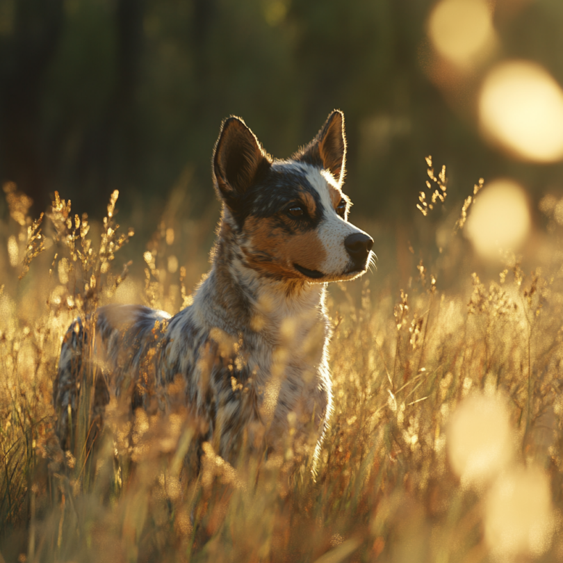 Australian Cattle Dog with striking blue speckled coat in outdoor ranch setting