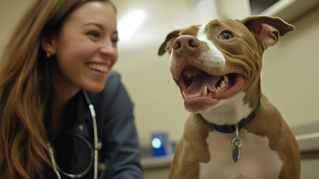 Veterinarian examining AmStaff during routine health screening