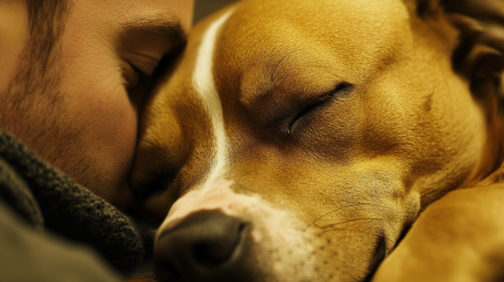 AmStaff showing characteristic loyal and affectionate behavior with owner