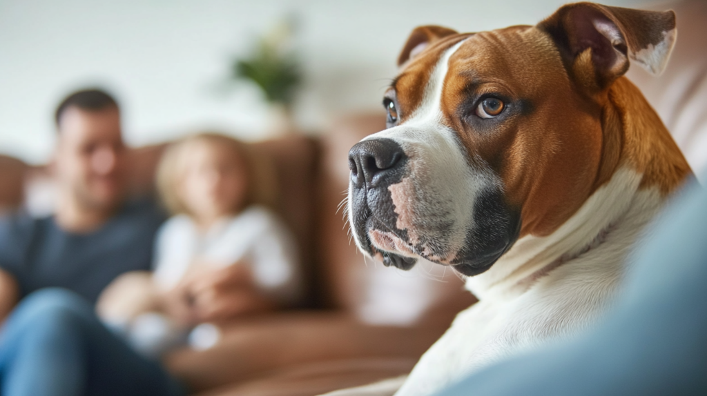 AmStaff displaying alert protective behavior while watching over family