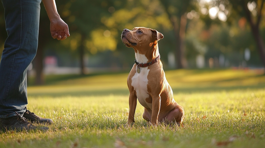 AmStaff demonstrating sit, stay, and come commands during training