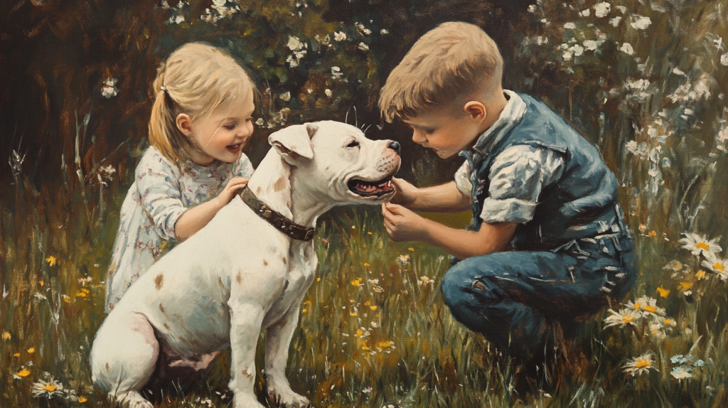 American Staffordshire Terrier gently playing with children, demonstrating family-friendly nature