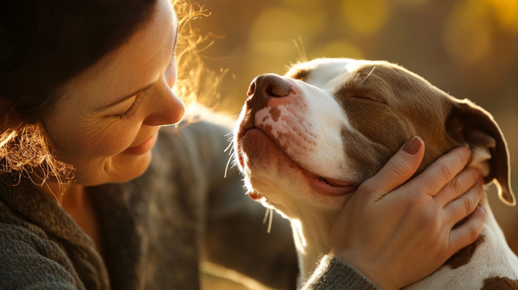 Owner demonstrating proper brushing technique on AmStaff's short coat