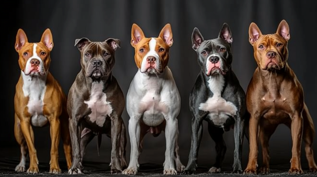 Various AmStaff coat colors showing breed-accepted patterns and markings