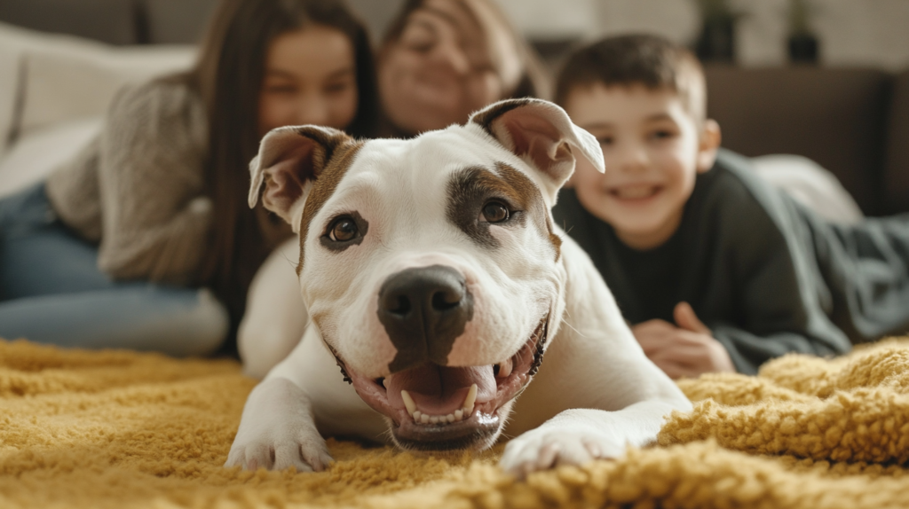 AmStaff interacting with family members showing gentle temperament