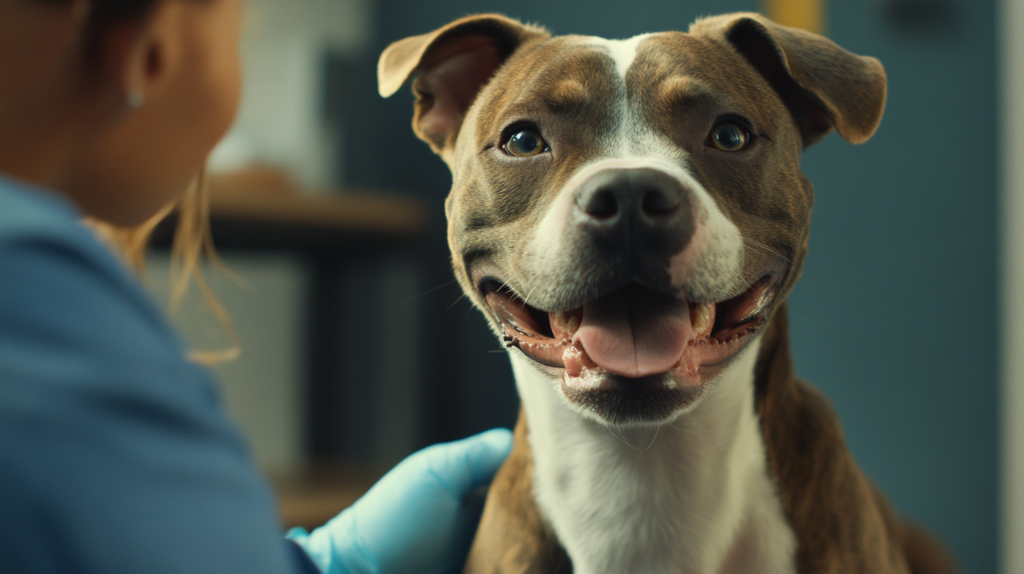 Veterinarian performing health screening on American Staffordshire Terrier during routine examination