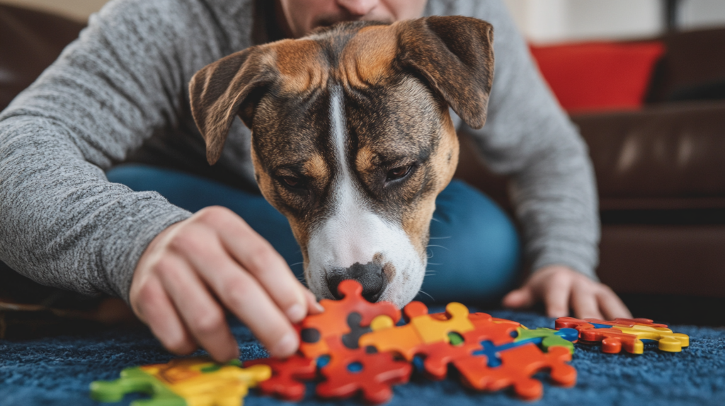 AmStaff engaging with puzzle toys during mental stimulation exercises