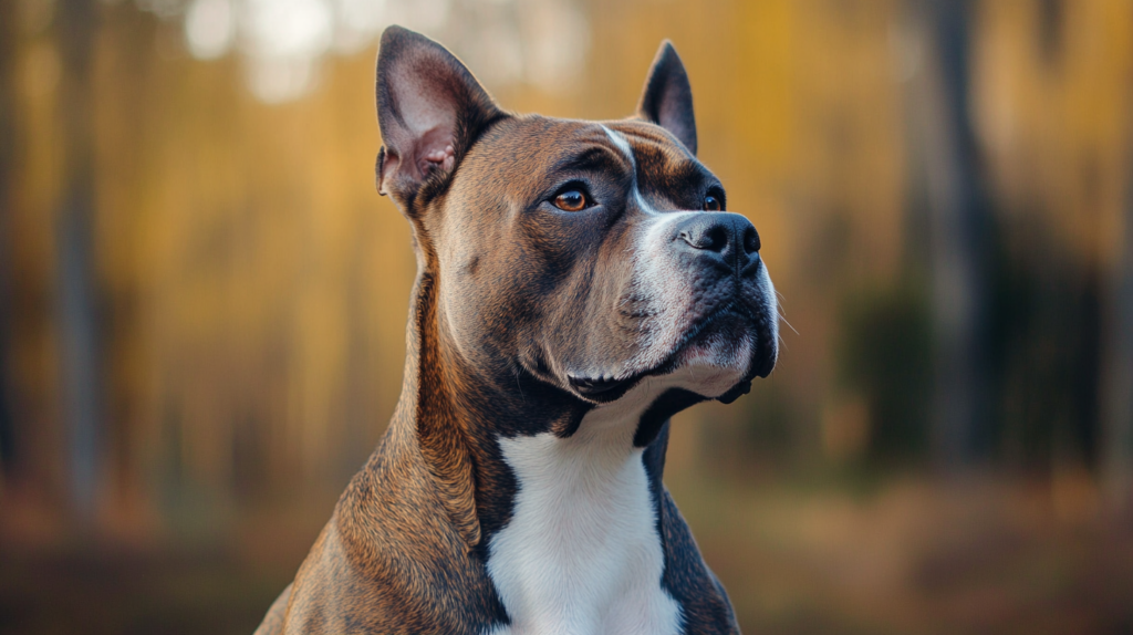 Side view of American Staffordshire Terrier displaying muscular structure and proportions