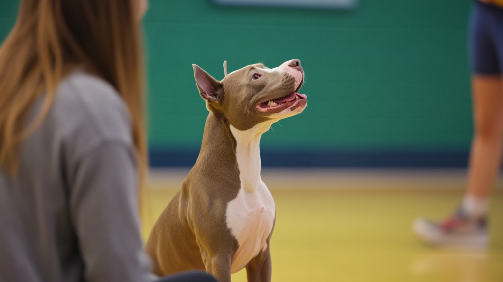 AmStaff receiving treats and praise during positive training session