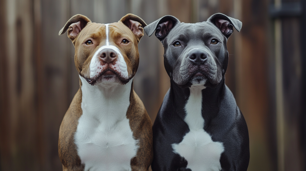 Male and female American Staffordshire Terrier showing standard breed size differences