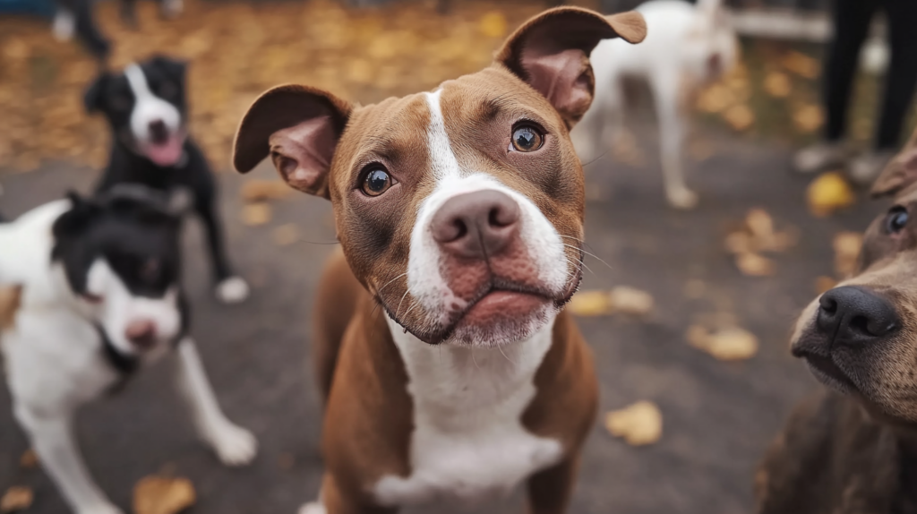 AmStaff socializing with other dogs during structured training session