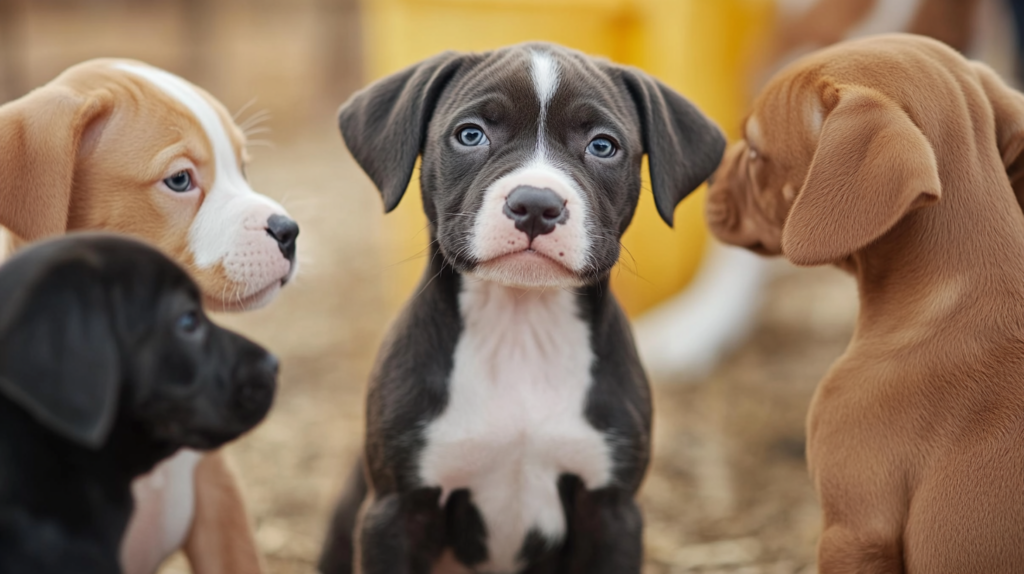 Young AmStaff puppy meeting other dogs during early socialization